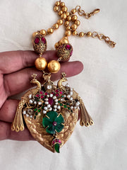 Gold polish kundan, ruby & emerald peacock pendant with gold beads chain-Silver Neckpiece-CI-House of Taamara