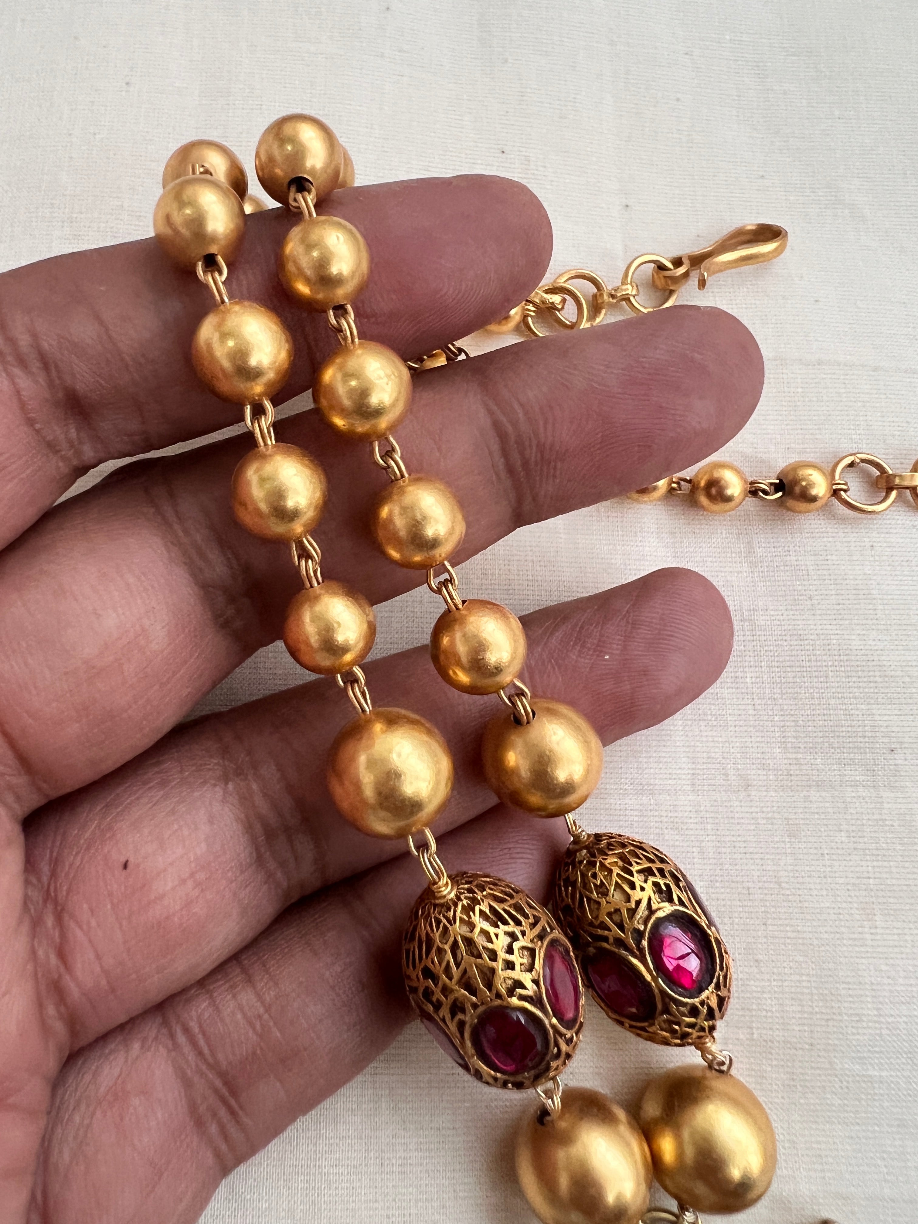 Gold polish kundan, ruby & emerald peacock pendant with gold beads chain-Silver Neckpiece-CI-House of Taamara