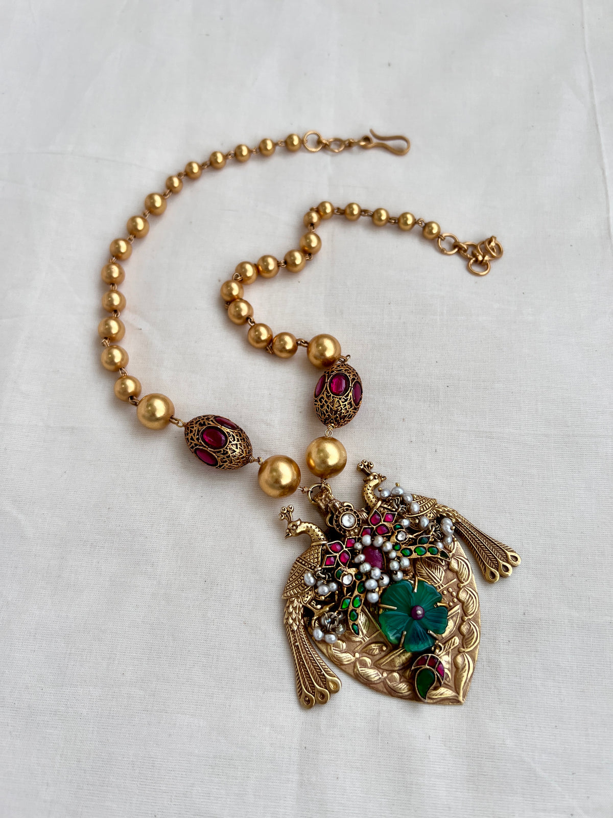 Gold polish kundan, ruby & emerald peacock pendant with gold beads chain-Silver Neckpiece-CI-House of Taamara