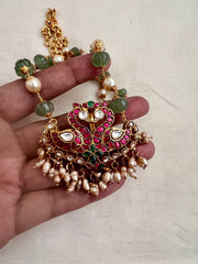 Gold polish kundan, ruby & emerald peacock pendant with pearls and jade beads chain-Silver Neckpiece-CI-House of Taamara