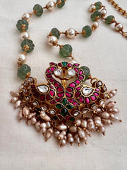 Gold polish kundan, ruby & emerald peacock pendant with pearls and jade beads chain-Silver Neckpiece-CI-House of Taamara