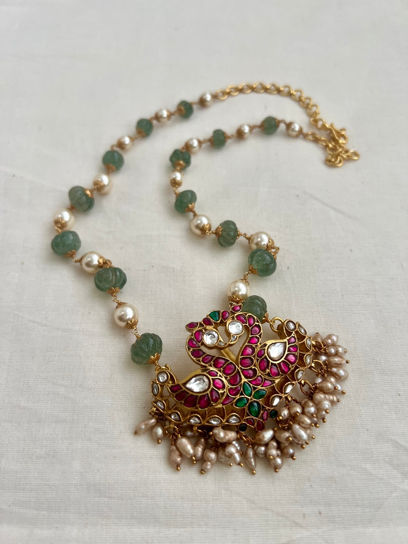 Gold polish kundan, ruby & emerald peacock pendant with pearls and jade beads chain-Silver Neckpiece-CI-House of Taamara