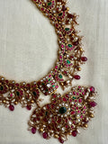 Gold polish kundan, ruby & emerald peacock statement necklace with pearls & ruby beads-Silver Neckpiece-CI-House of Taamara