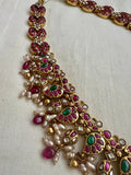 Gold polish kundan, ruby & emerald peacock statement necklace with pearls & ruby beads-Silver Neckpiece-CI-House of Taamara