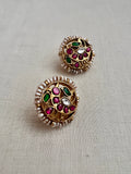 Gold polish kundan, ruby & emerald peacock studs with pearls-Earrings-CI-House of Taamara