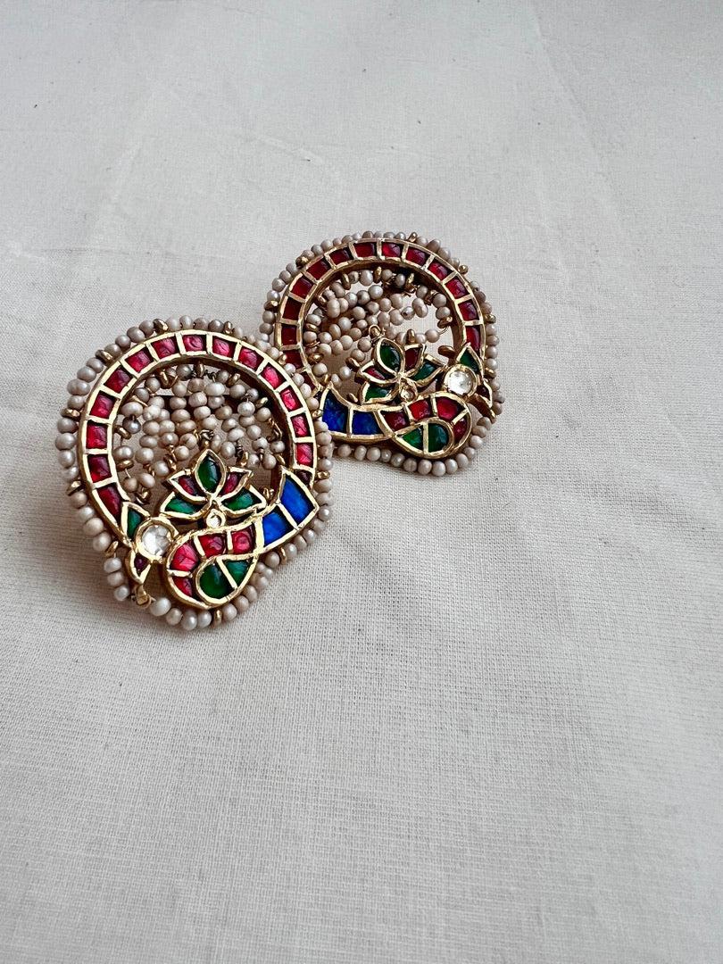 Gold polish kundan, ruby & emerald peacock studs with pearls-Earrings-CI-House of Taamara