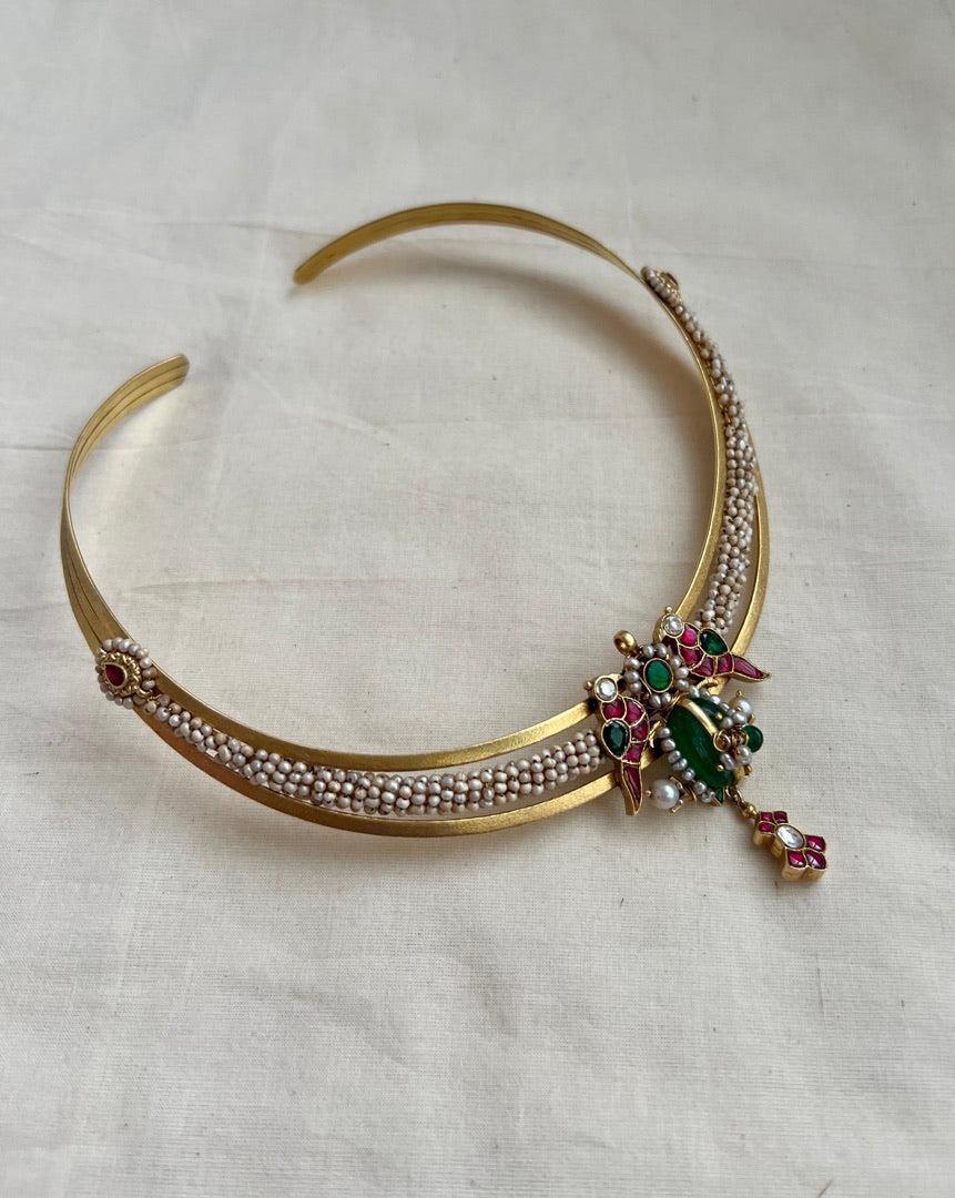Gold polish kundan, ruby & emerald pendant hasli with pearls-Silver Neckpiece-CI-House of Taamara
