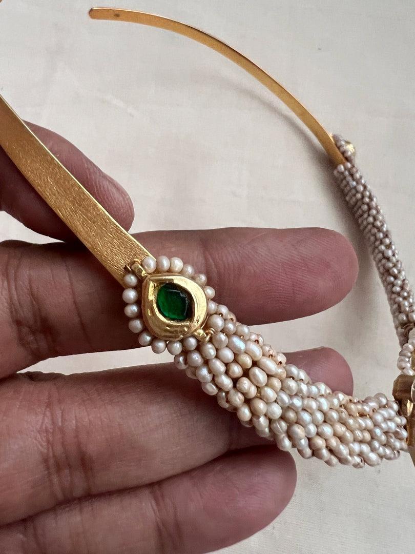 Gold polish kundan, ruby & emerald pendant hasli with pearls-Silver Neckpiece-CI-House of Taamara