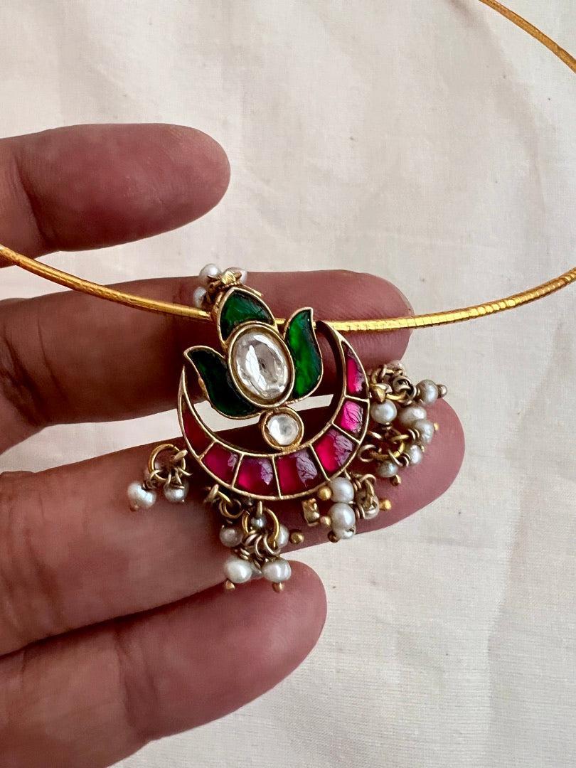 Gold polish kundan, ruby & emerald pendant hasli with pearls-Silver Neckpiece-CI-House of Taamara