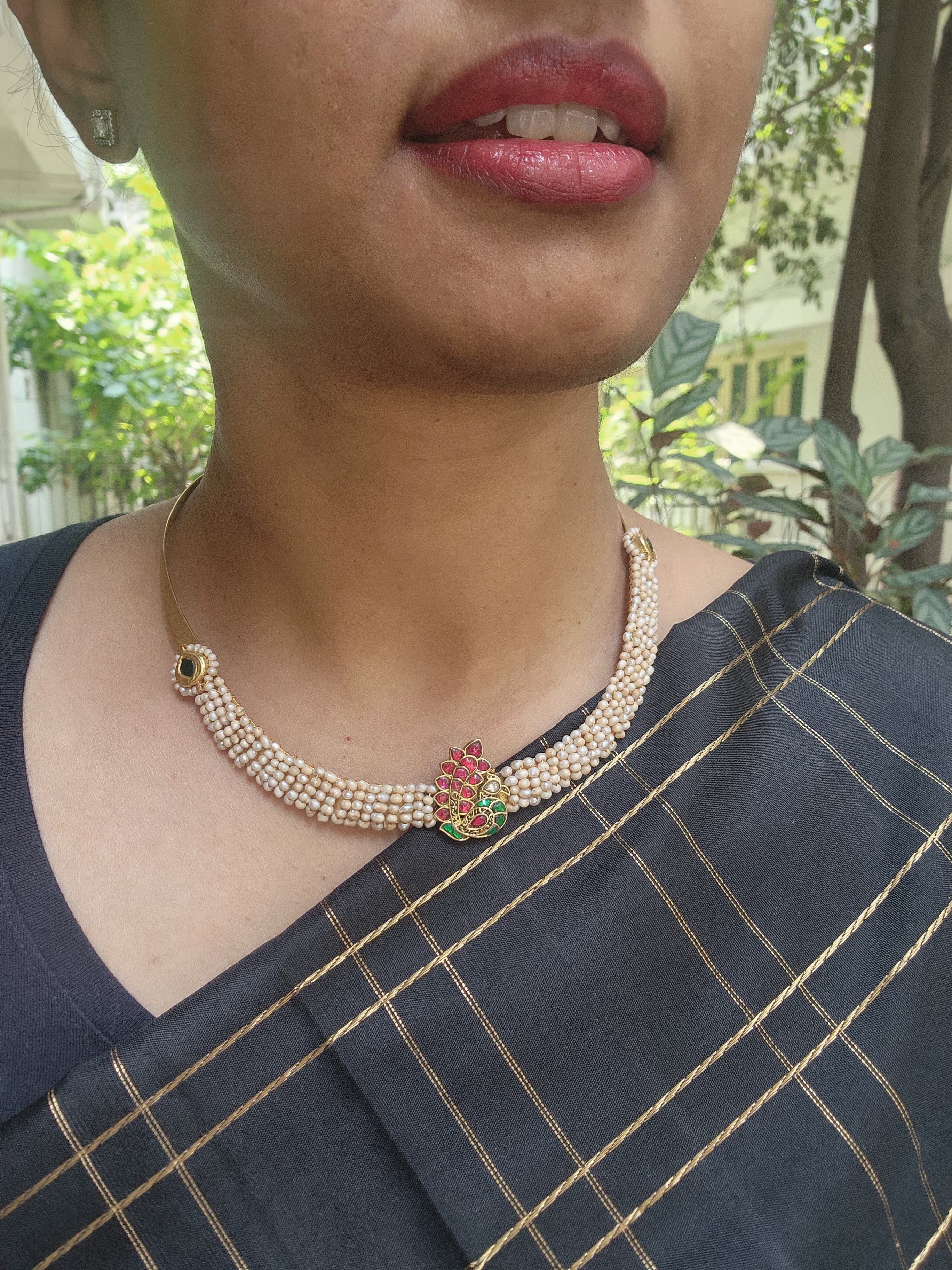 Gold polish kundan, ruby & emerald pendant hasli with pearls-Silver Neckpiece-CI-House of Taamara