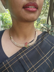 Gold polish kundan, ruby & emerald pendant hasli with pearls-Silver Neckpiece-CI-House of Taamara
