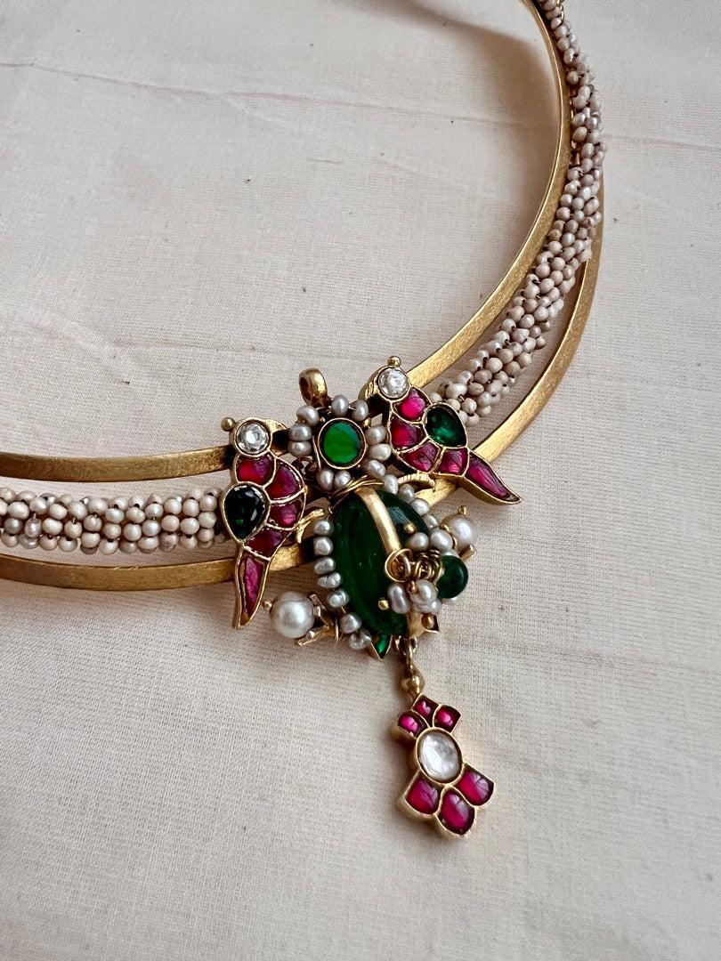Gold polish kundan, ruby & emerald pendant hasli with pearls-Silver Neckpiece-CI-House of Taamara