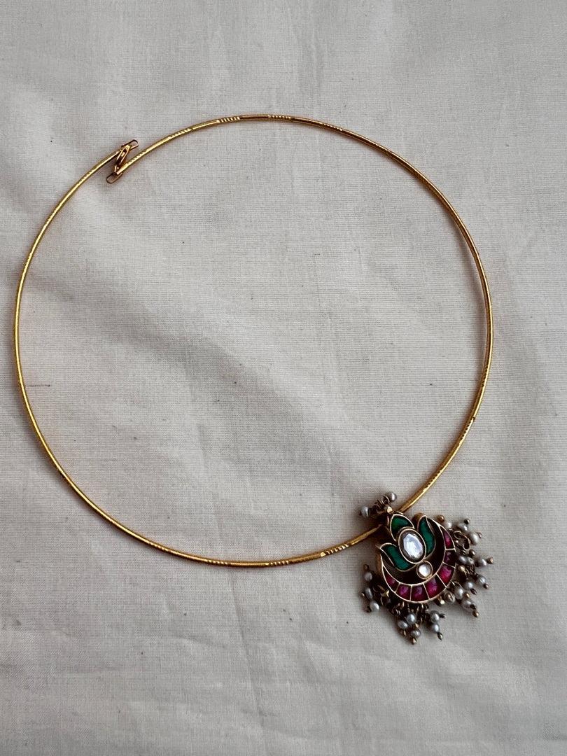 Gold polish kundan, ruby & emerald pendant hasli with pearls-Silver Neckpiece-CI-House of Taamara