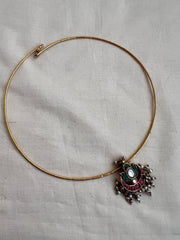 Gold polish kundan, ruby & emerald pendant hasli with pearls-Silver Neckpiece-CI-House of Taamara