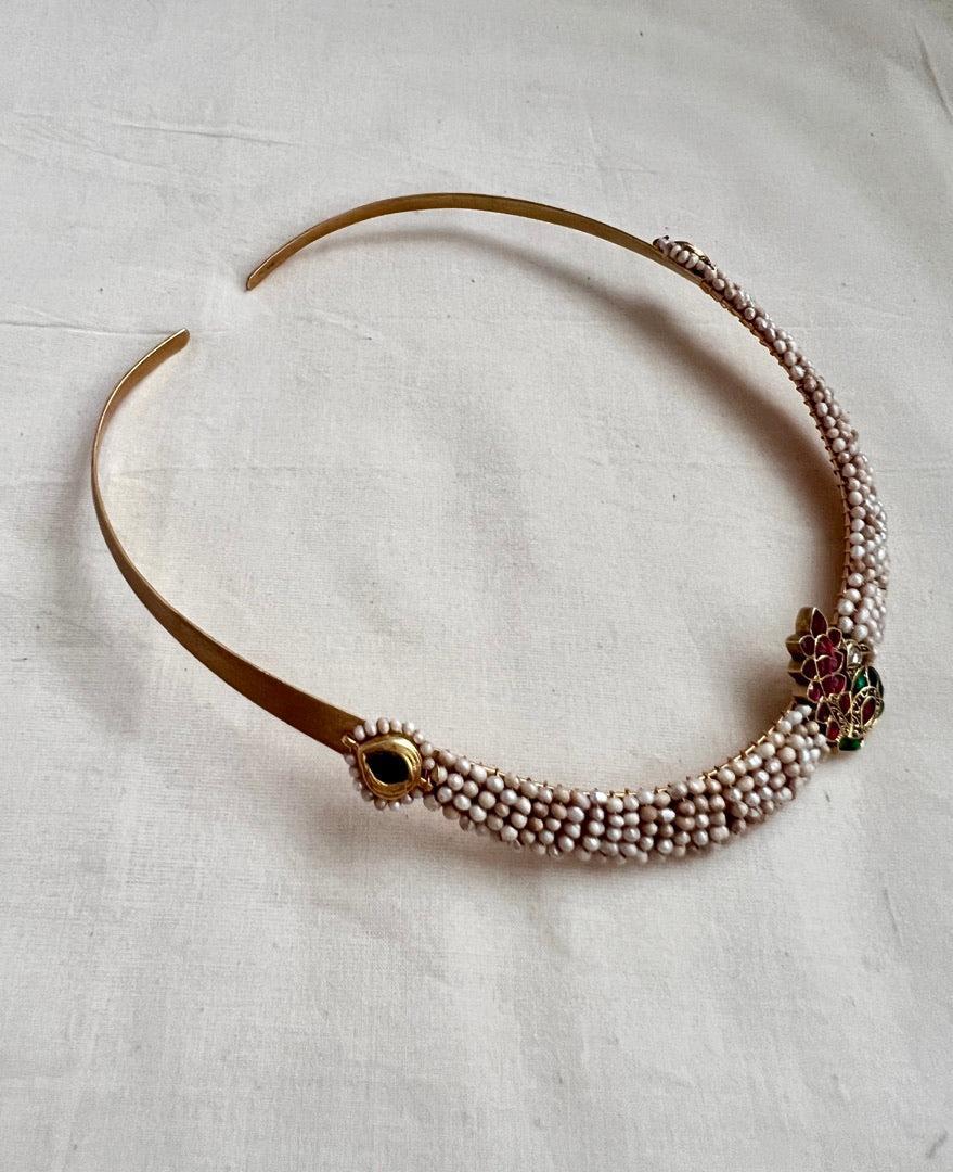 Gold polish kundan, ruby & emerald pendant hasli with pearls-Silver Neckpiece-CI-House of Taamara