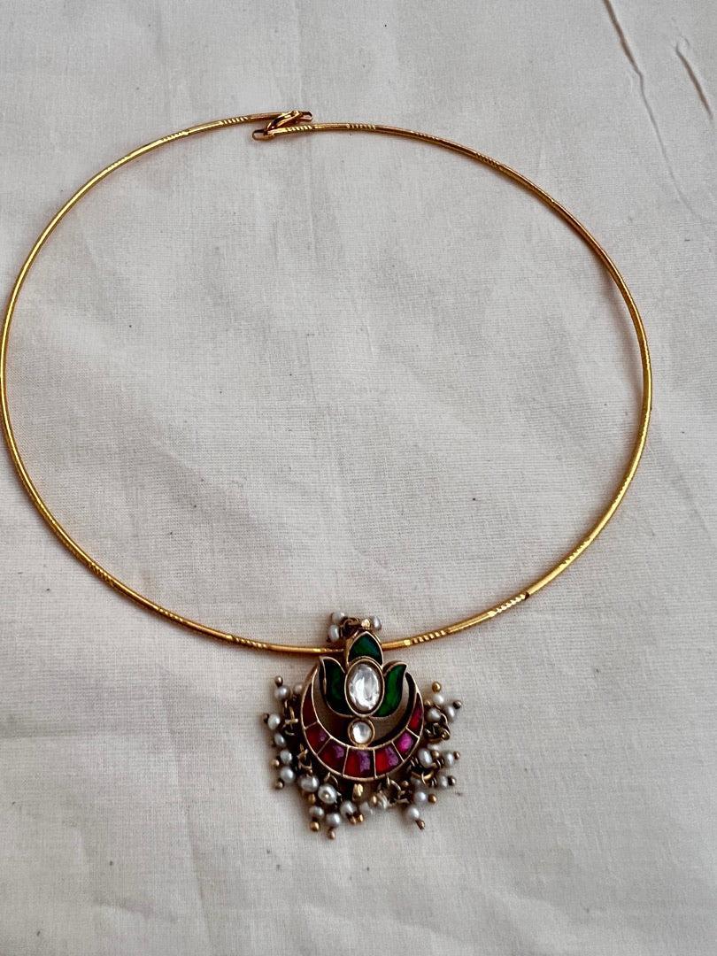 Gold polish kundan, ruby & emerald pendant hasli with pearls-Silver Neckpiece-CI-House of Taamara