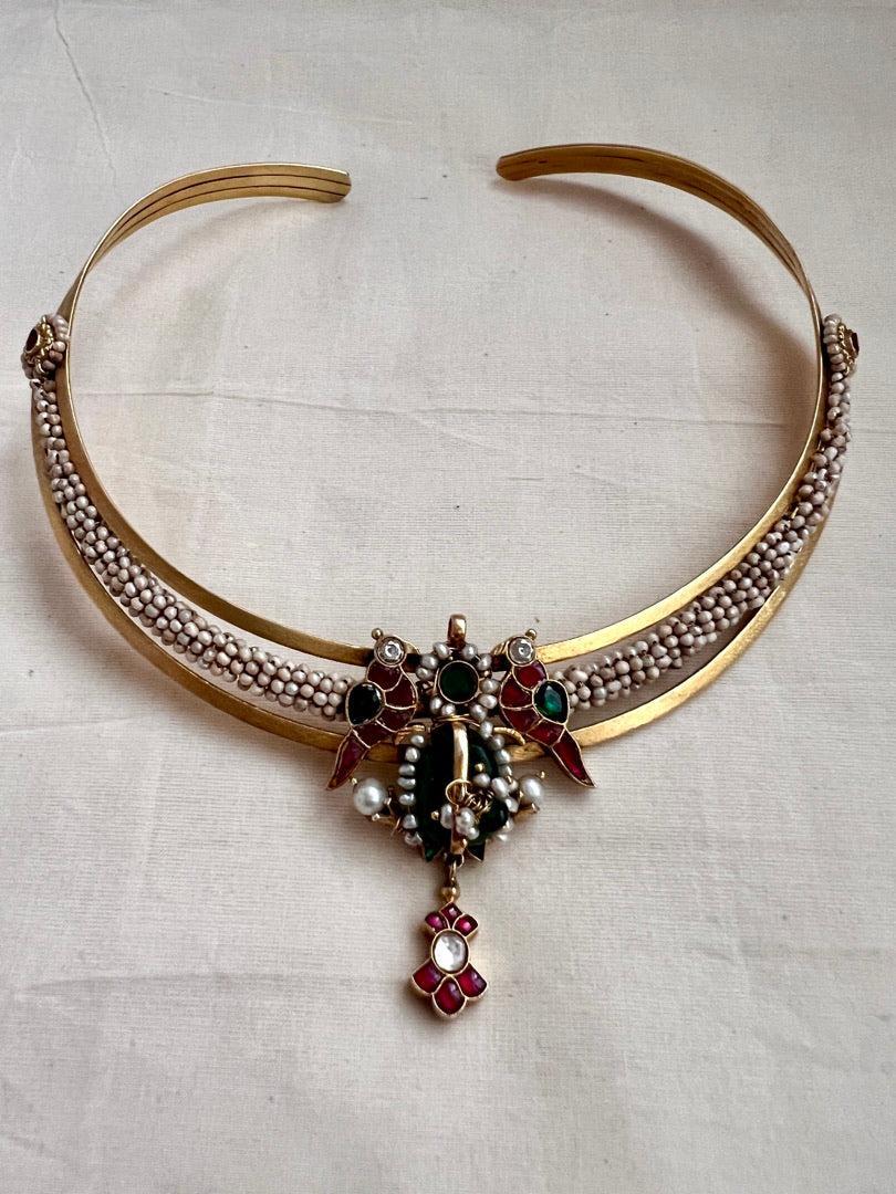 Gold polish kundan, ruby & emerald pendant hasli with pearls-Silver Neckpiece-CI-House of Taamara