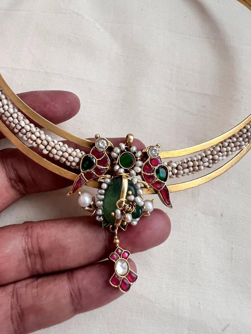 Gold polish kundan, ruby & emerald pendant hasli with pearls-Silver Neckpiece-CI-House of Taamara