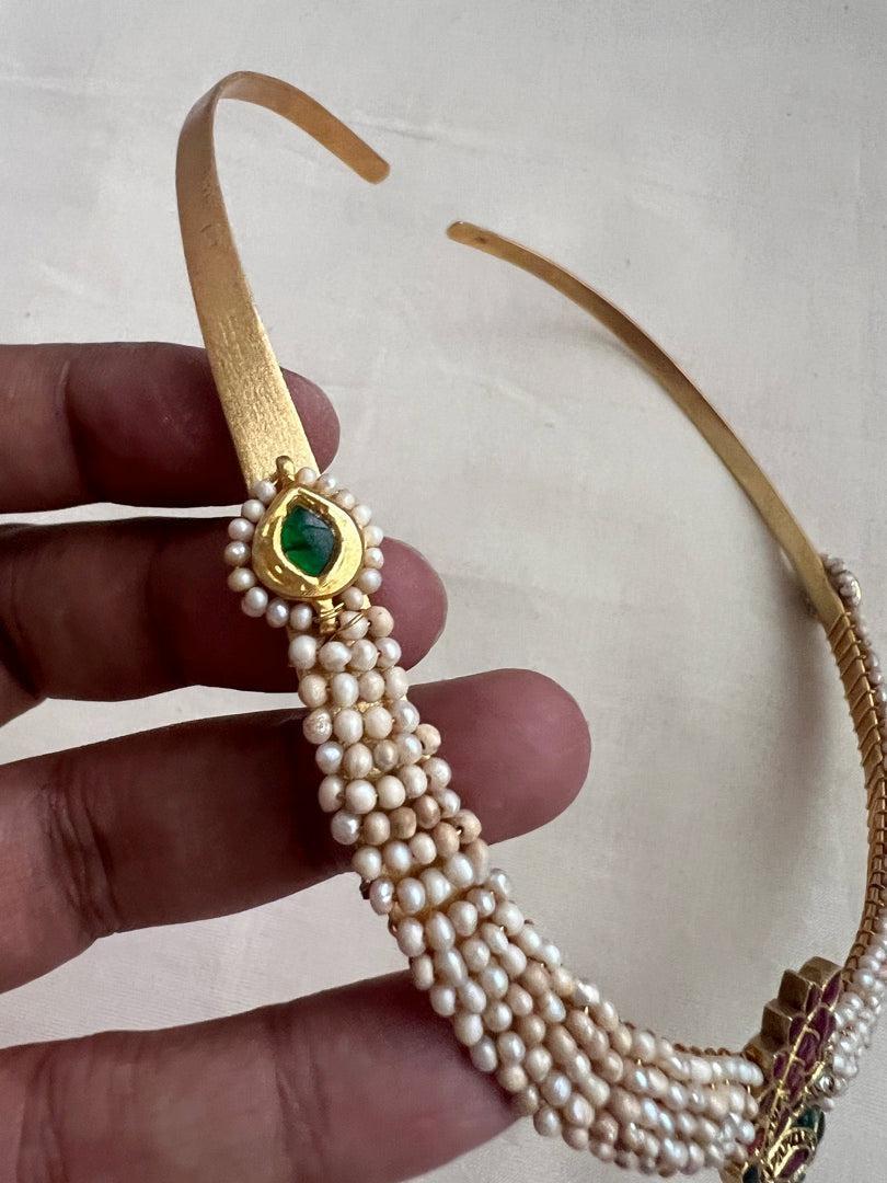 Gold polish kundan, ruby & emerald pendant hasli with pearls-Silver Neckpiece-CI-House of Taamara
