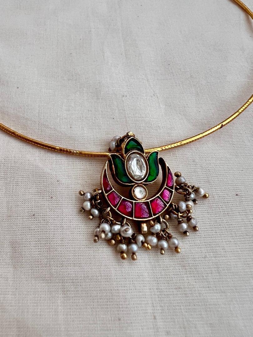 Gold polish kundan, ruby & emerald pendant hasli with pearls-Silver Neckpiece-CI-House of Taamara