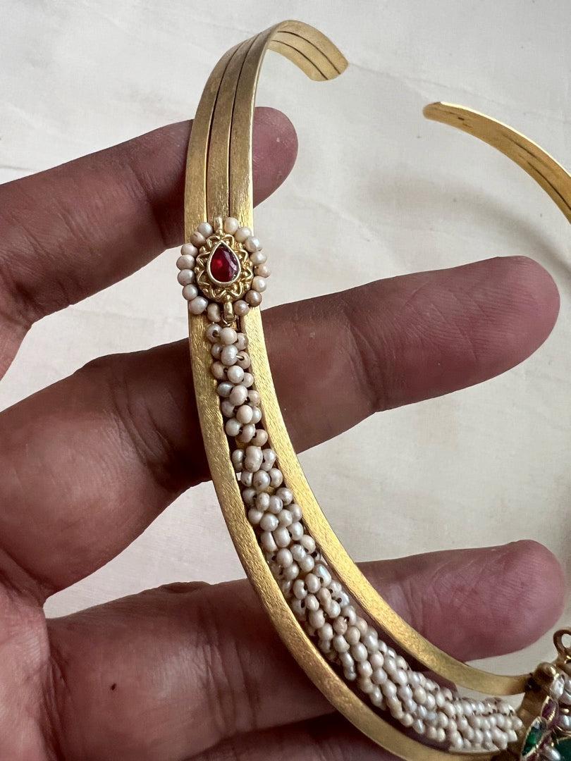 Gold polish kundan, ruby & emerald pendant hasli with pearls-Silver Neckpiece-CI-House of Taamara
