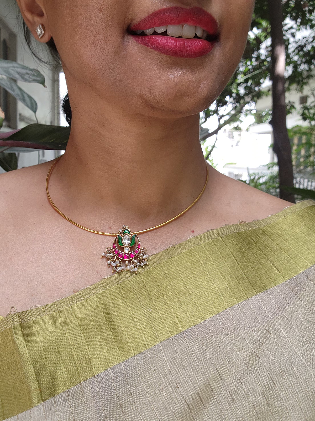 Gold polish kundan, ruby & emerald pendant hasli with pearls-Silver Neckpiece-CI-House of Taamara
