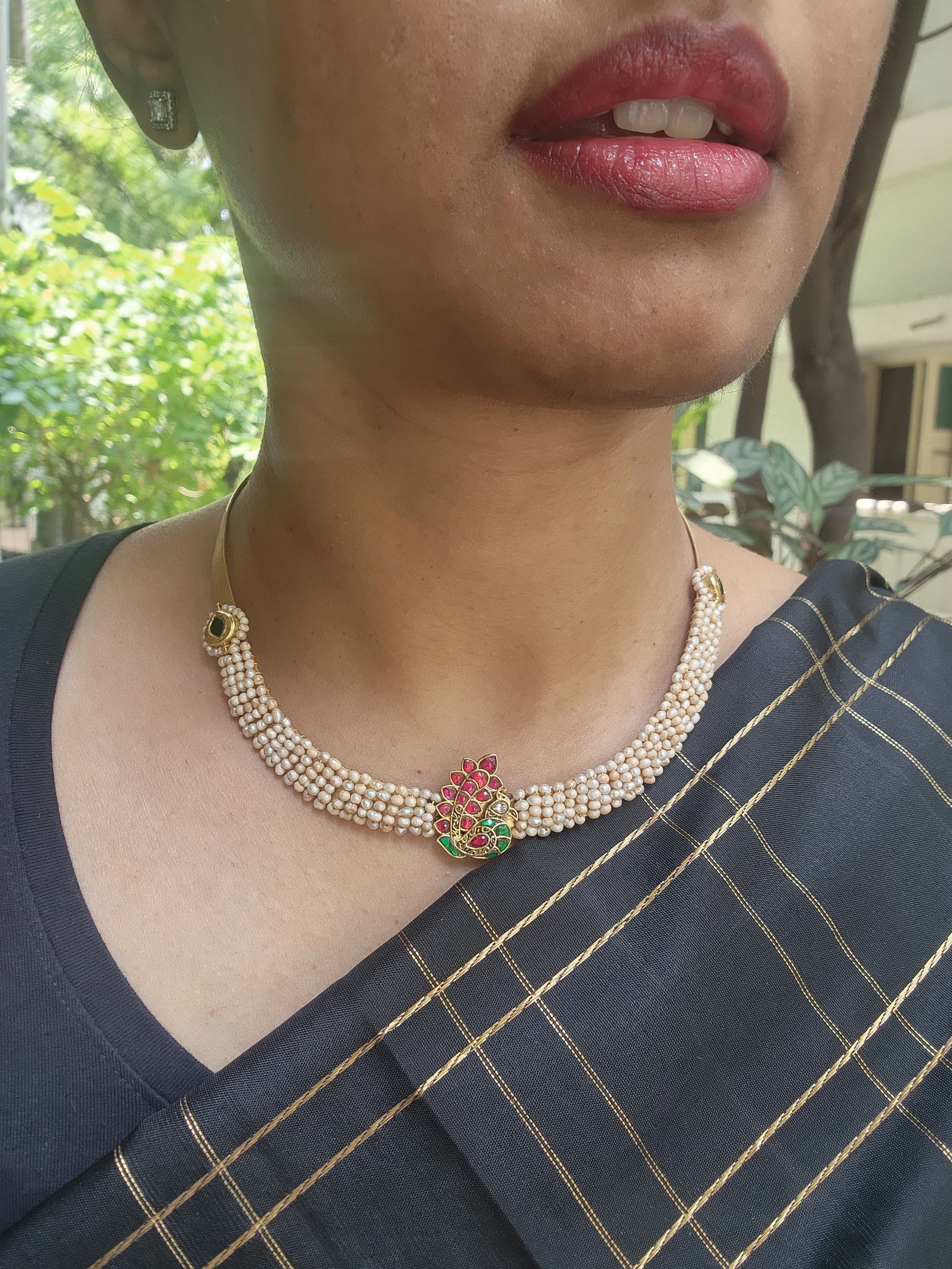 Gold polish kundan, ruby & emerald pendant hasli with pearls-Silver Neckpiece-CI-House of Taamara