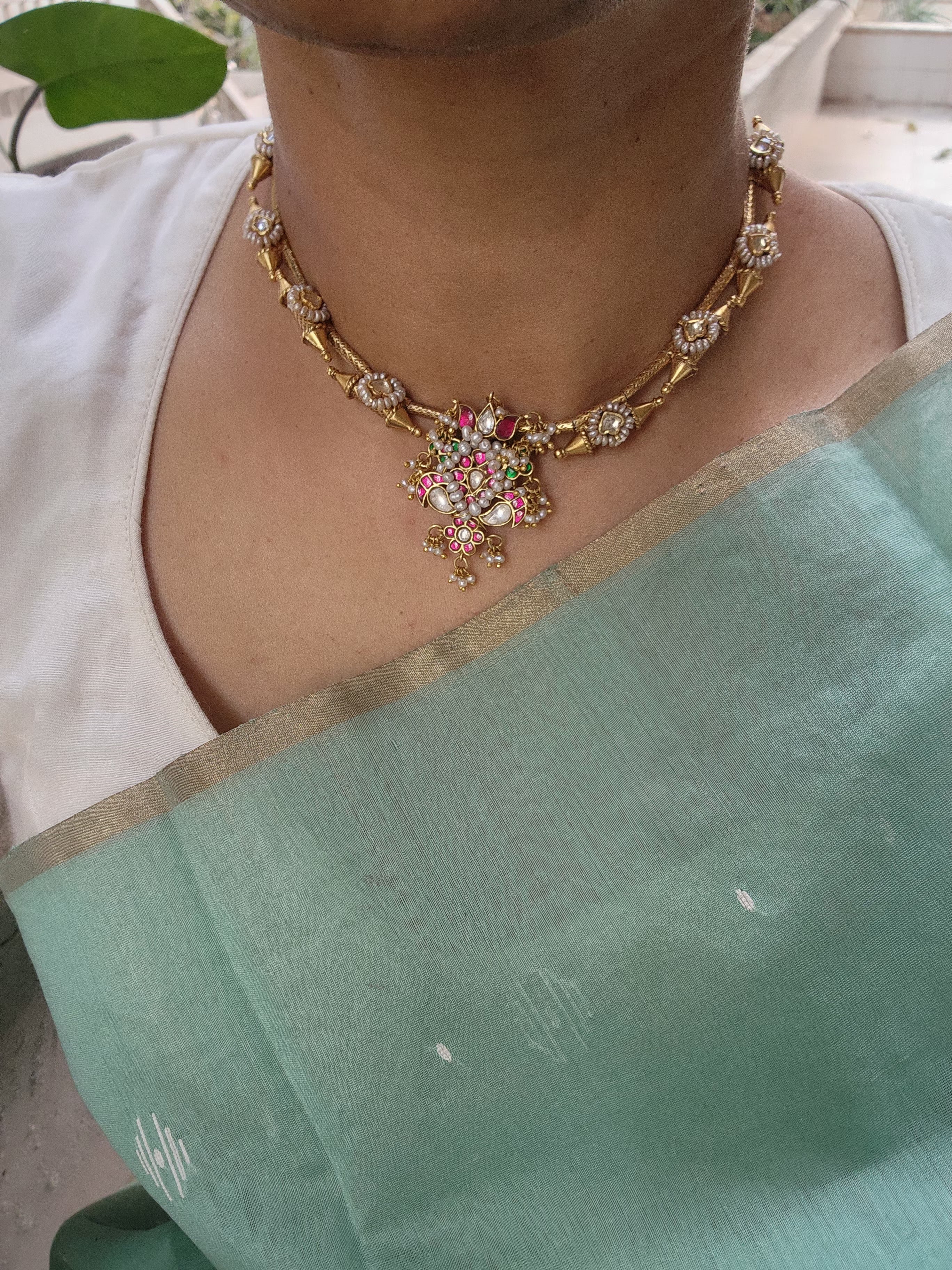 Gold polish kundan, ruby & emerald pendant necklace with earrings, SET-Silver Neckpiece-CI-House of Taamara