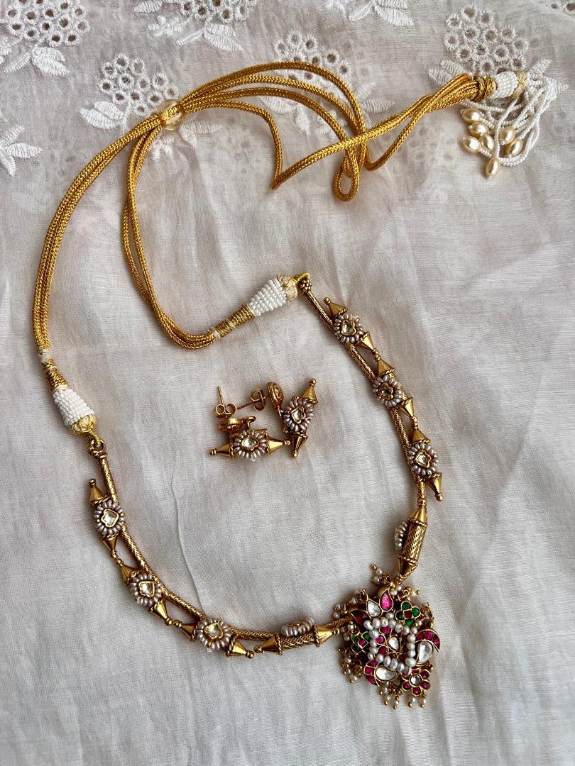 Gold polish kundan, ruby & emerald pendant necklace with earrings, SET-Silver Neckpiece-CI-House of Taamara