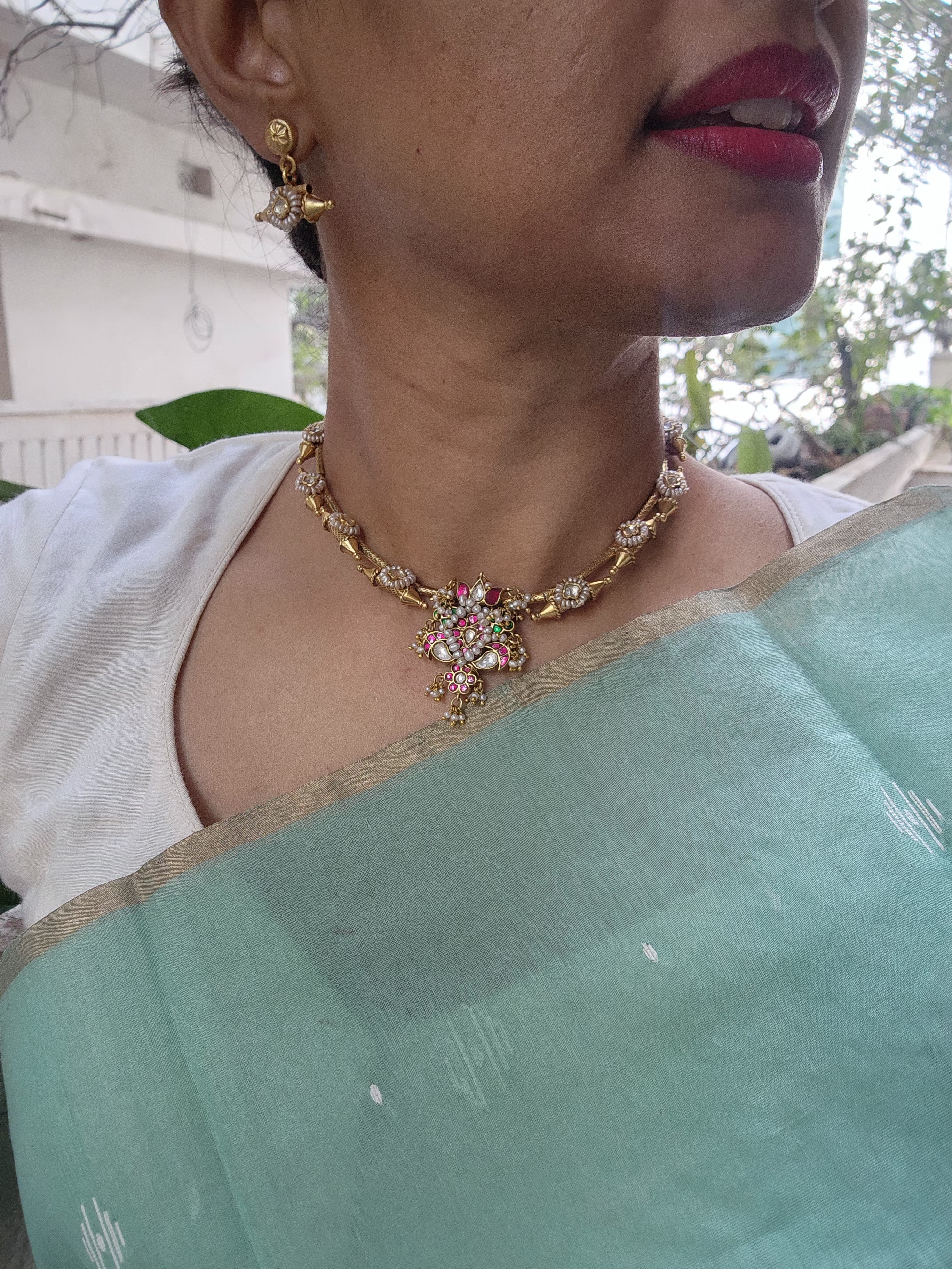 Gold polish kundan, ruby & emerald pendant necklace with earrings, SET-Silver Neckpiece-CI-House of Taamara