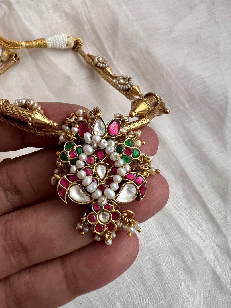 Gold polish kundan, ruby & emerald pendant necklace with earrings, SET-Silver Neckpiece-CI-House of Taamara
