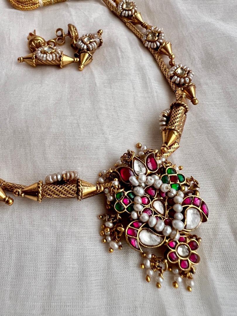 Gold polish kundan, ruby & emerald pendant necklace with earrings, SET-Silver Neckpiece-CI-House of Taamara