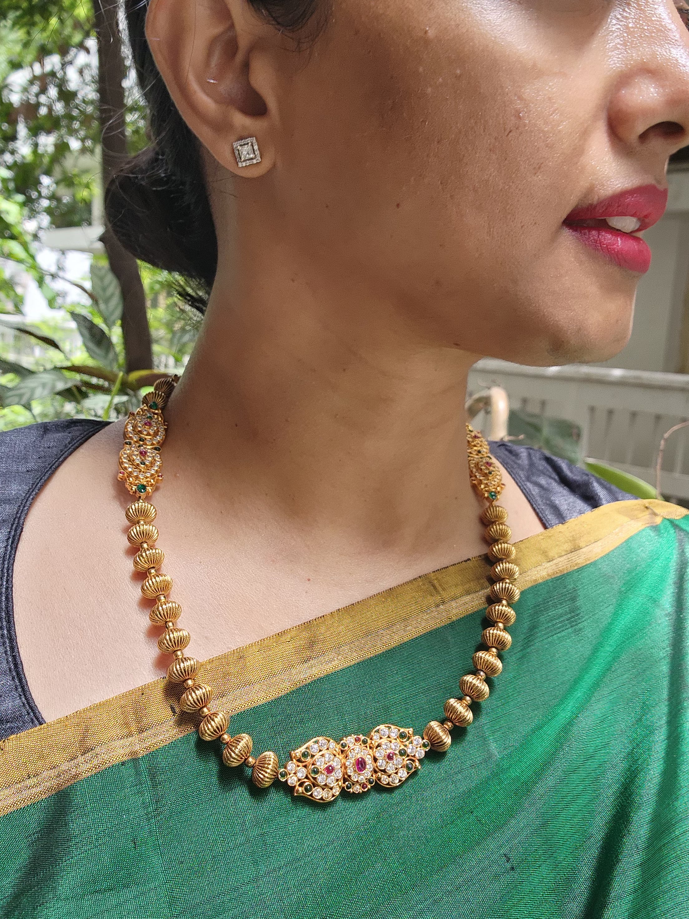 Gold polish kundan, ruby & emerald pendant necklace with nakash beads-Silver Neckpiece-CI-House of Taamara