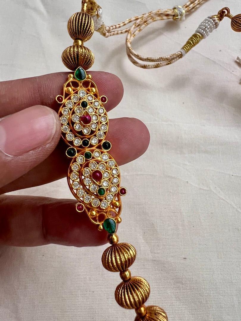Gold polish kundan, ruby & emerald pendant necklace with nakash beads-Silver Neckpiece-CI-House of Taamara