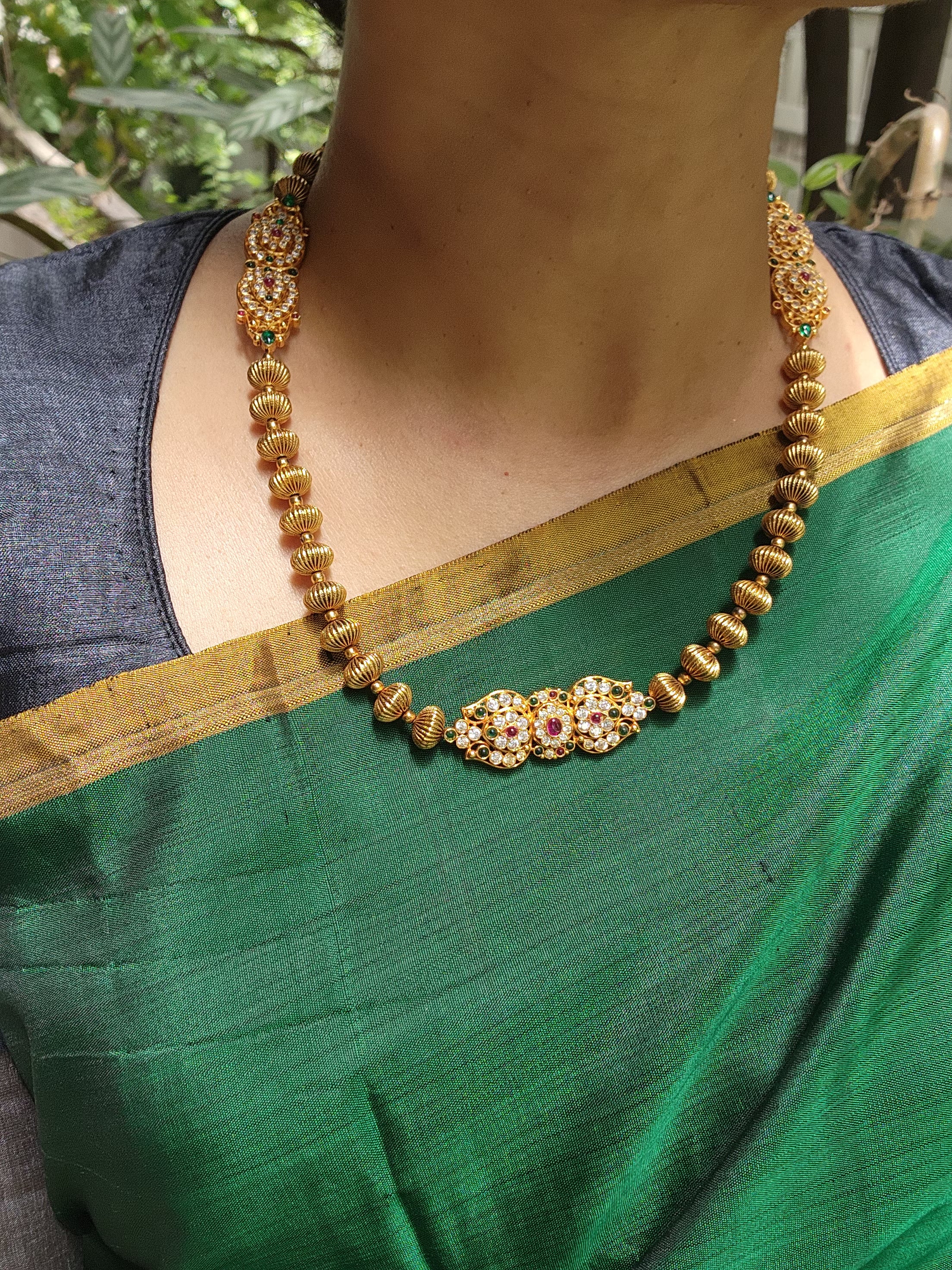 Gold polish kundan, ruby & emerald pendant necklace with nakash beads-Silver Neckpiece-CI-House of Taamara