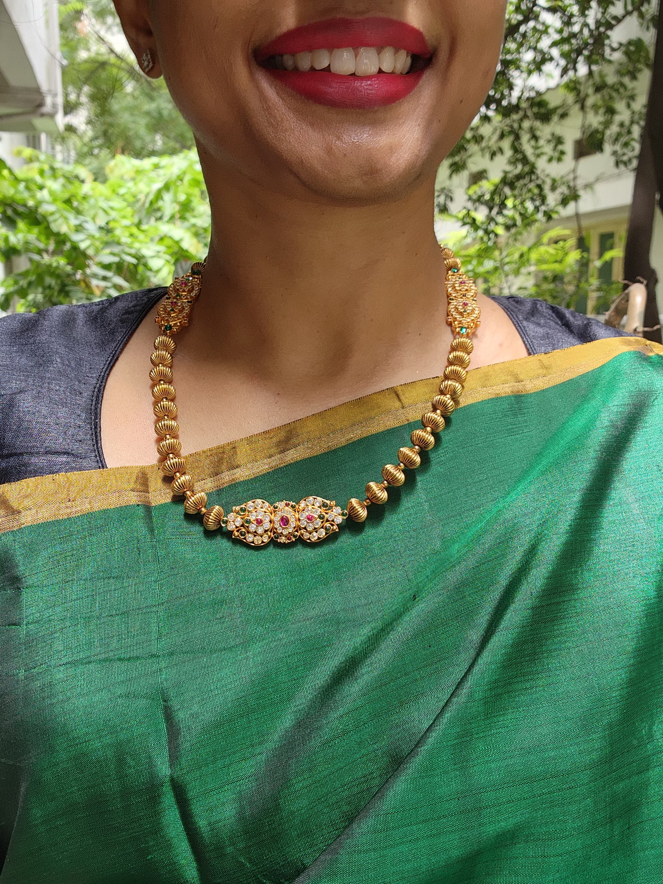 Gold polish kundan, ruby & emerald pendant necklace with nakash beads-Silver Neckpiece-CI-House of Taamara