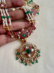 Gold polish kundan, ruby & emerald pendant necklace with pearl chain-Silver Neckpiece-CI-House of Taamara