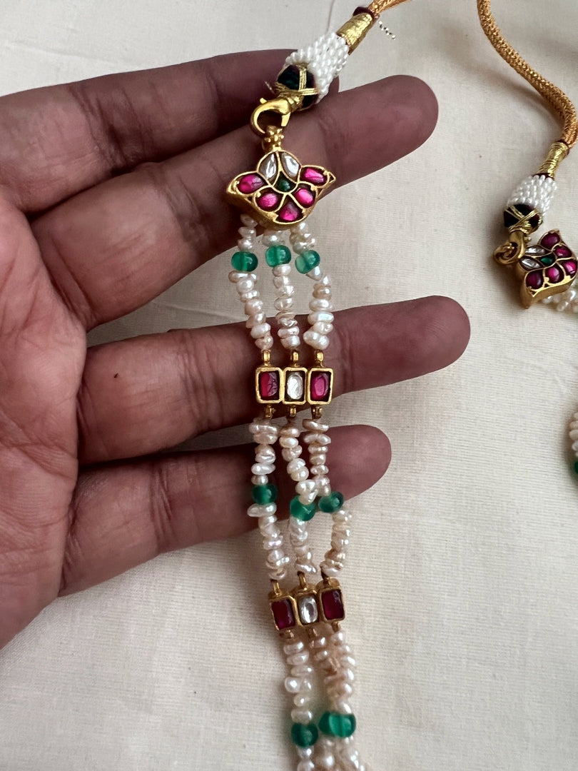 Gold polish kundan, ruby & emerald pendant necklace with pearl chain-Silver Neckpiece-CI-House of Taamara