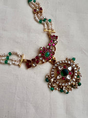 Gold polish kundan, ruby & emerald pendant necklace with pearl chain-Silver Neckpiece-CI-House of Taamara