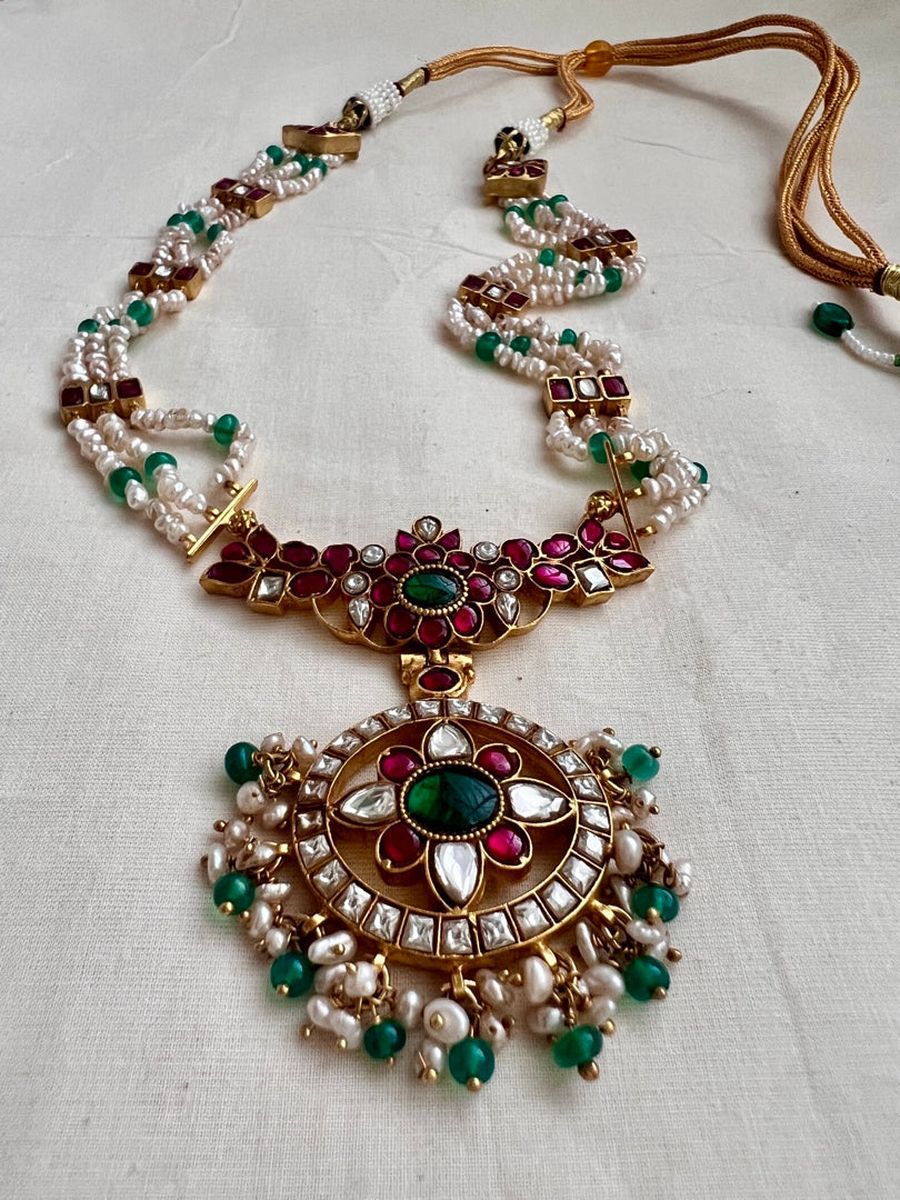 Gold polish kundan, ruby & emerald pendant necklace with pearl chain-Silver Neckpiece-CI-House of Taamara