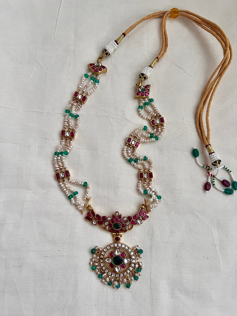 Gold polish kundan, ruby & emerald pendant necklace with pearl chain-Silver Neckpiece-CI-House of Taamara