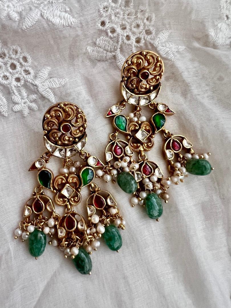 Gold polish kundan, ruby & emerald pendant pearls necklace with earrings, SET-Silver Neckpiece-CI-House of Taamara