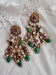 Gold polish kundan, ruby & emerald pendant pearls necklace with earrings, SET-Silver Neckpiece-CI-House of Taamara