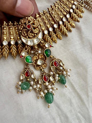 Gold polish kundan, ruby & emerald pendant pearls necklace with earrings, SET-Silver Neckpiece-CI-House of Taamara
