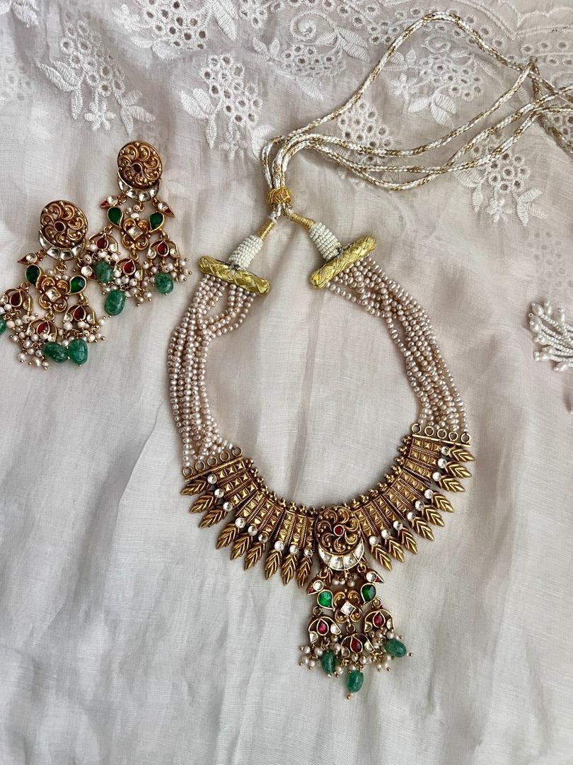 Gold polish kundan, ruby & emerald pendant pearls necklace with earrings, SET-Silver Neckpiece-CI-House of Taamara