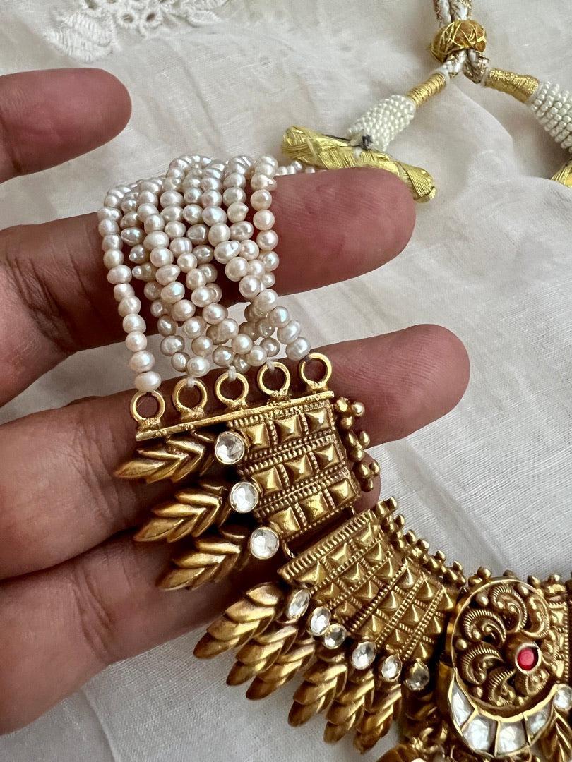 Gold polish kundan, ruby & emerald pendant pearls necklace with earrings, SET-Silver Neckpiece-CI-House of Taamara