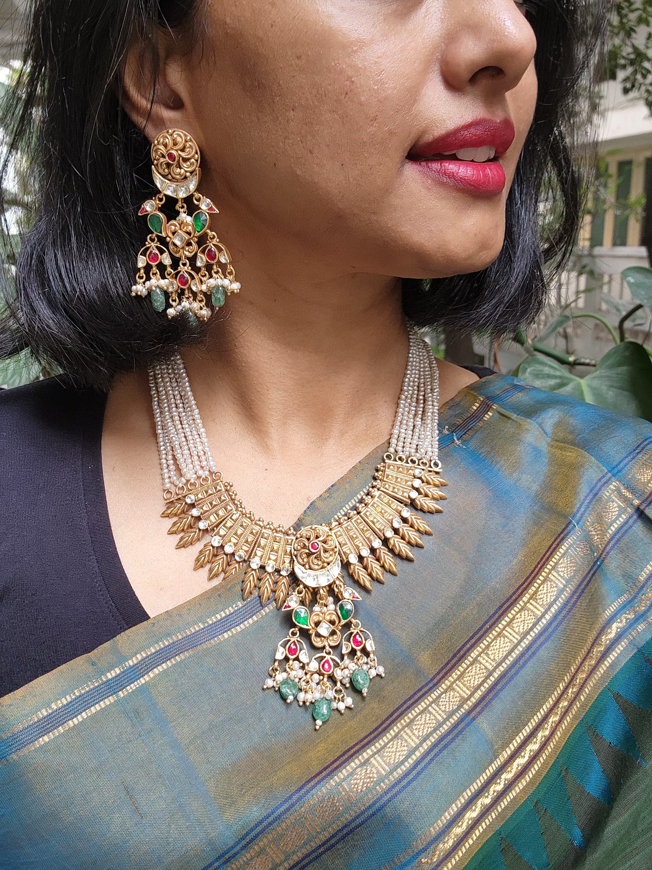 Gold polish kundan, ruby & emerald pendant pearls necklace with earrings, SET-Silver Neckpiece-CI-House of Taamara