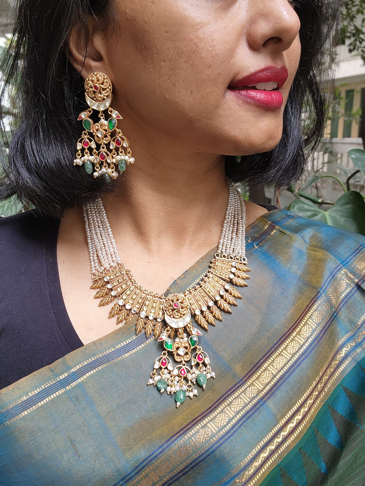 Gold polish kundan, ruby & emerald pendant pearls necklace with earrings, SET-Silver Neckpiece-CI-House of Taamara