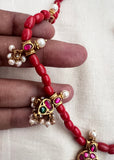 Gold polish kundan, ruby & emerald pendant with coral beads chain-Silver Neckpiece-CI-House of Taamara