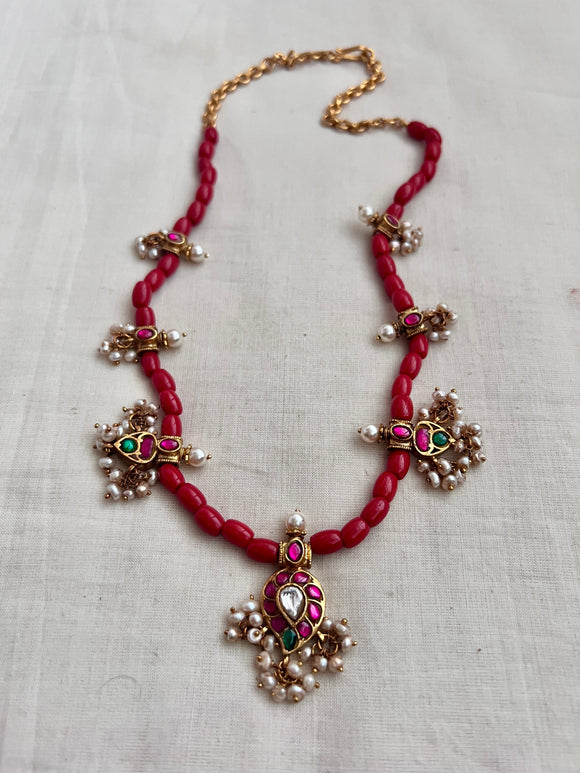 Gold polish kundan, ruby & emerald pendant with coral beads chain-Silver Neckpiece-CI-House of Taamara